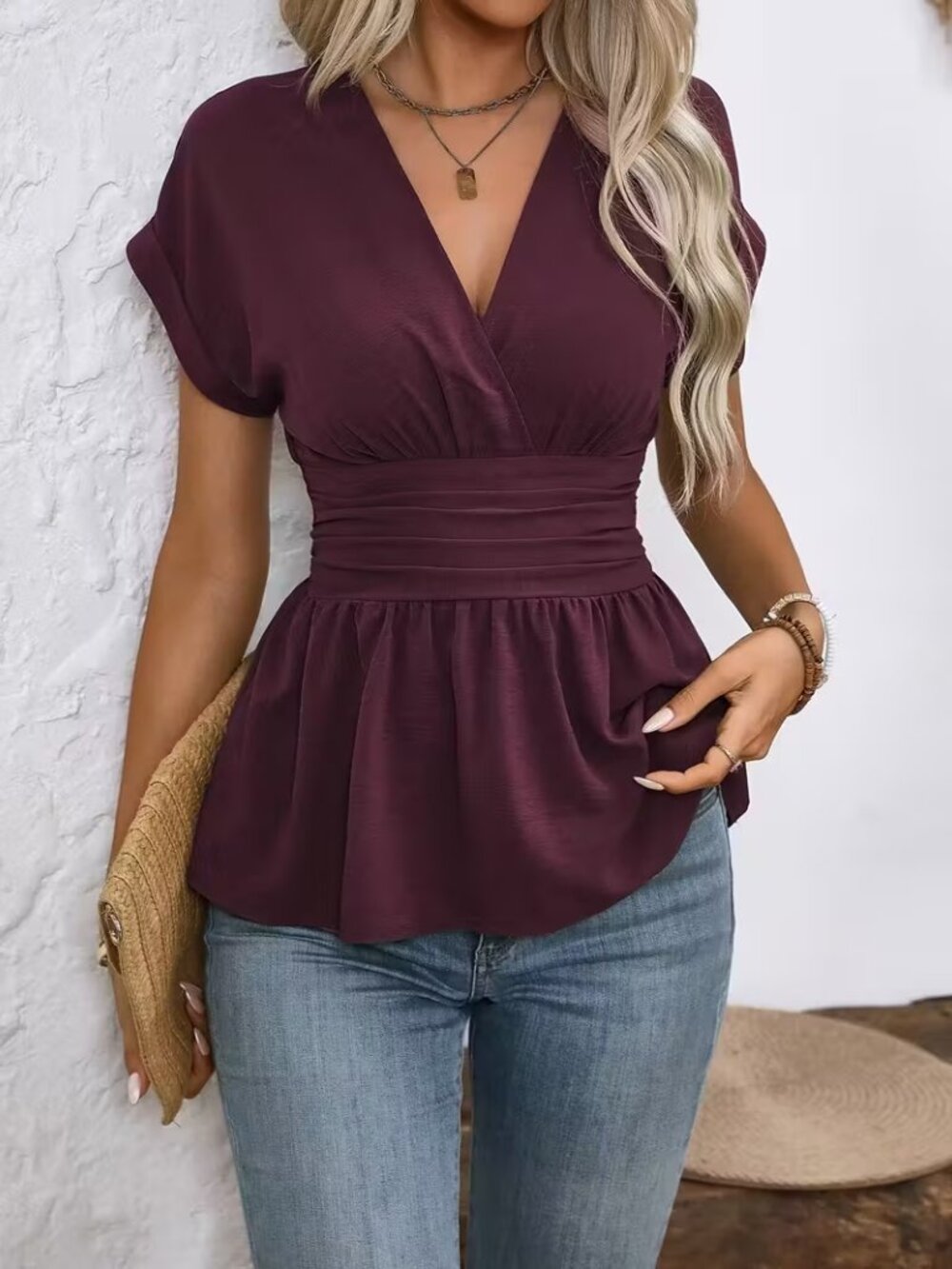 NWT Kitty's Boutique Blouse Women's Medium Plum Wine Surplice V-Neck Peplum Top